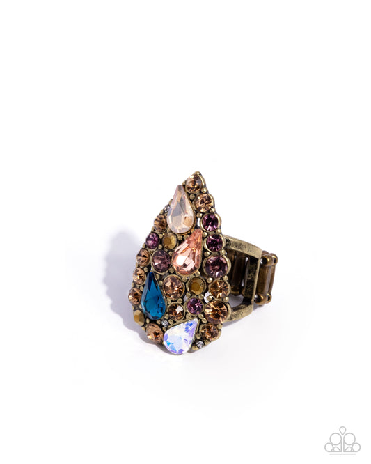 Gatsby Gamut - Brass Aurum, Light Amethyst, Topaz & Multicolored Teardrop Gem Ring Paparazzi R1198
