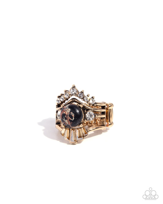 Genuine Glory - Black Swirled Stone, White Rhinestone Gold Ring Paparazzi R1183