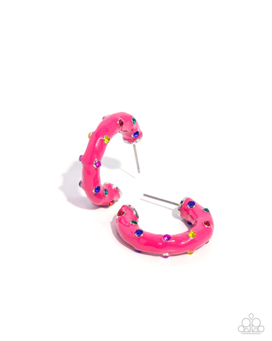 Paparazzi Promising Paint - Pink Peacock & Multicolored Rhinestone 1 Inch Hoop Earring