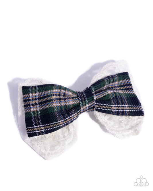 Ready to BOW? - Blue, Green Plaid & White Lace Ribbon Hair Bow Clip Paparazzi H0215