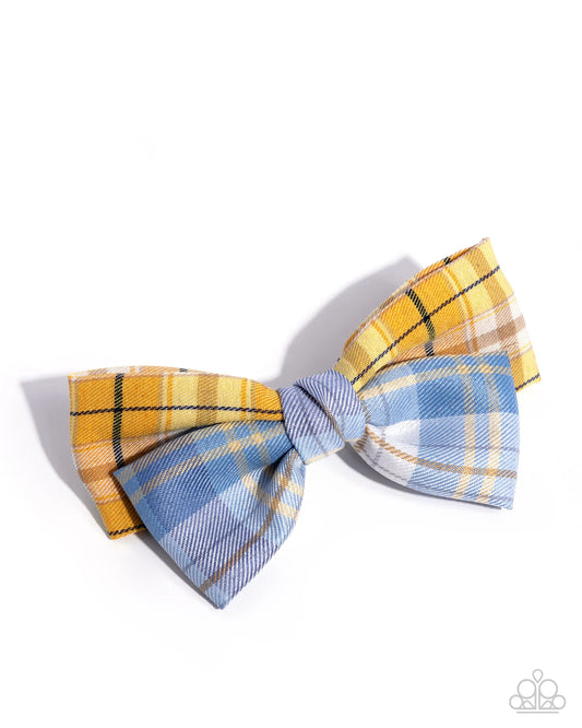 Paparazzi Let It BOW - Blue and Yellow Plaid Hair Clip H0244