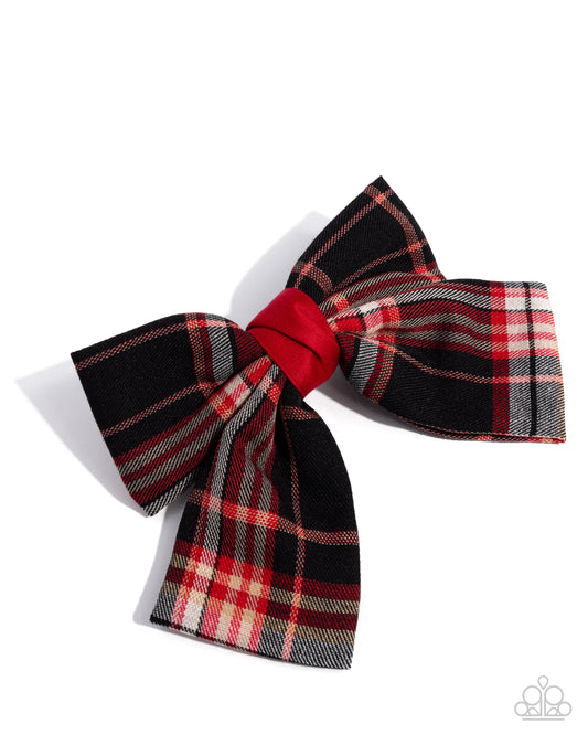 Front BOW Seat - Red, Black Plaid Bow Hair Clip Paparazzi H0212