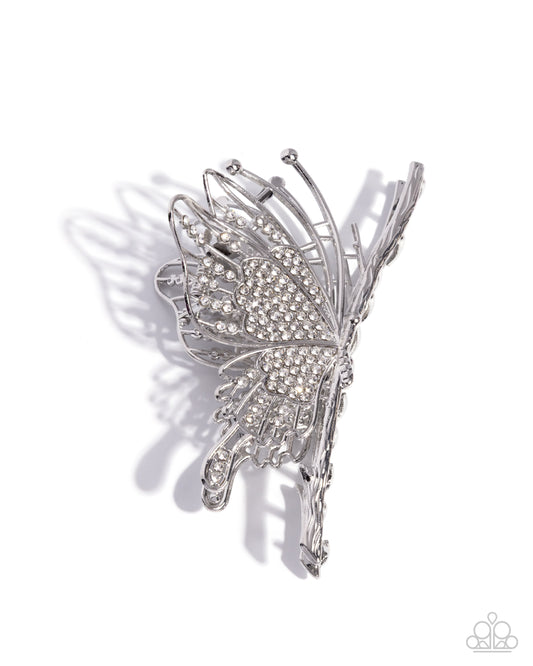 Layered Landing - White Rhinestone Embellished Silver Butterfly Hair Claw Clip Paparazzi H0206