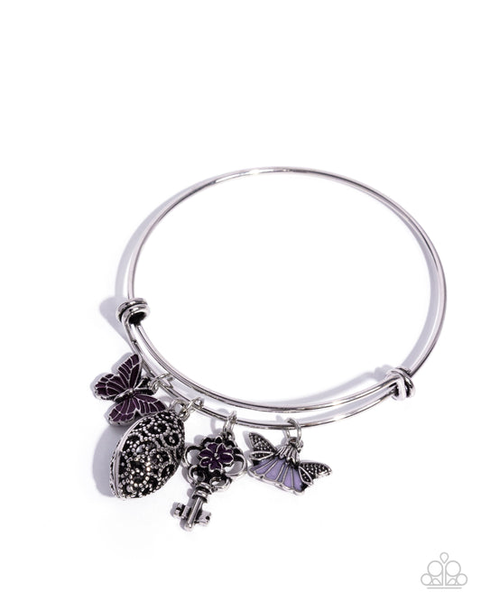 Eclectic Emotion - Purple Lavender, Plum Painted Fairy Flower, Key, Butterfly Charm Style Silver Bar Fitting Bracelet Paparazzi B2366