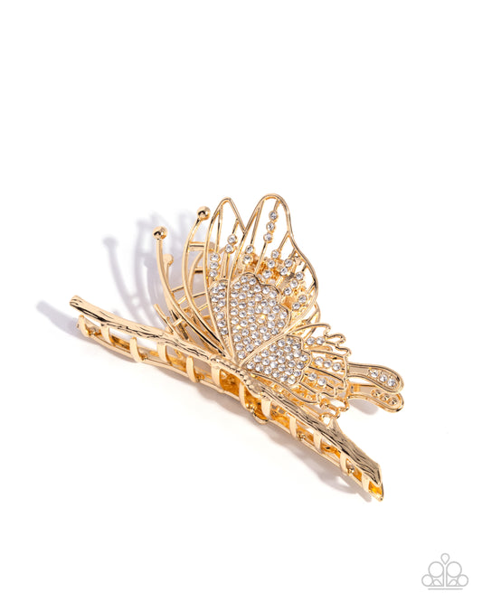 Layered Landing - Gold & White Rhinestone Butterfly Hair Claw Clip Paparazzi H0202