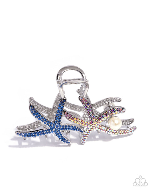 Stunning Starfish - Multicolored Light Sapphire & Light Peach iridescent Rhinestone Starfish Hair Claw Clip Paparazzi H0203