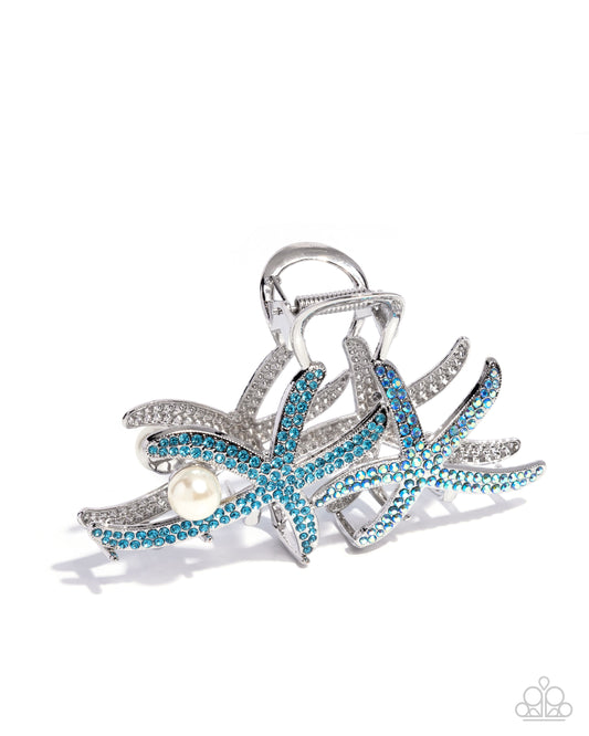 Stunning Starfish - Blue Aquamarine & Iridescent Rhinestone Silver Starfish Beach Style Metal Hair Claw Clip Paparazzi H0209