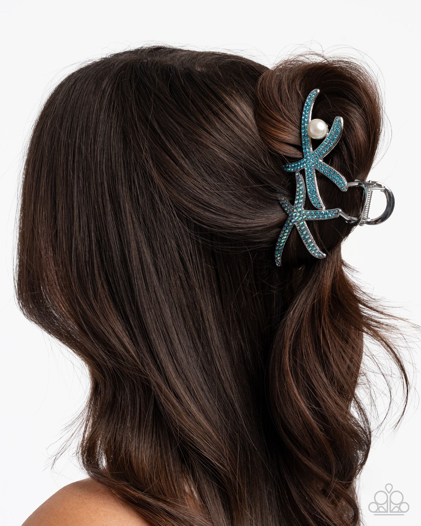 Stunning Starfish - Blue Aquamarine & Iridescent Rhinestone Silver Starfish Beach Style Metal Hair Claw Clip Paparazzi H0209