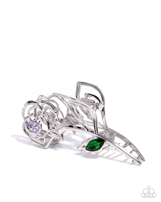 Model ROSE - Purple Emerald Gem & Violet Rhinestone Silver Metal Claw Clip Paparazzi H0210