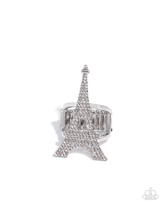 Paparazzi Eiffel Tower Ease - White Rhinestone Silver Eiffel Tower Statement Ring Paparazzi R1197