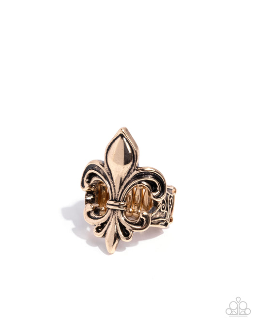 Fleur de Lis - Gold - Antiqued Gold Emblem Ring Paparazzi R1194