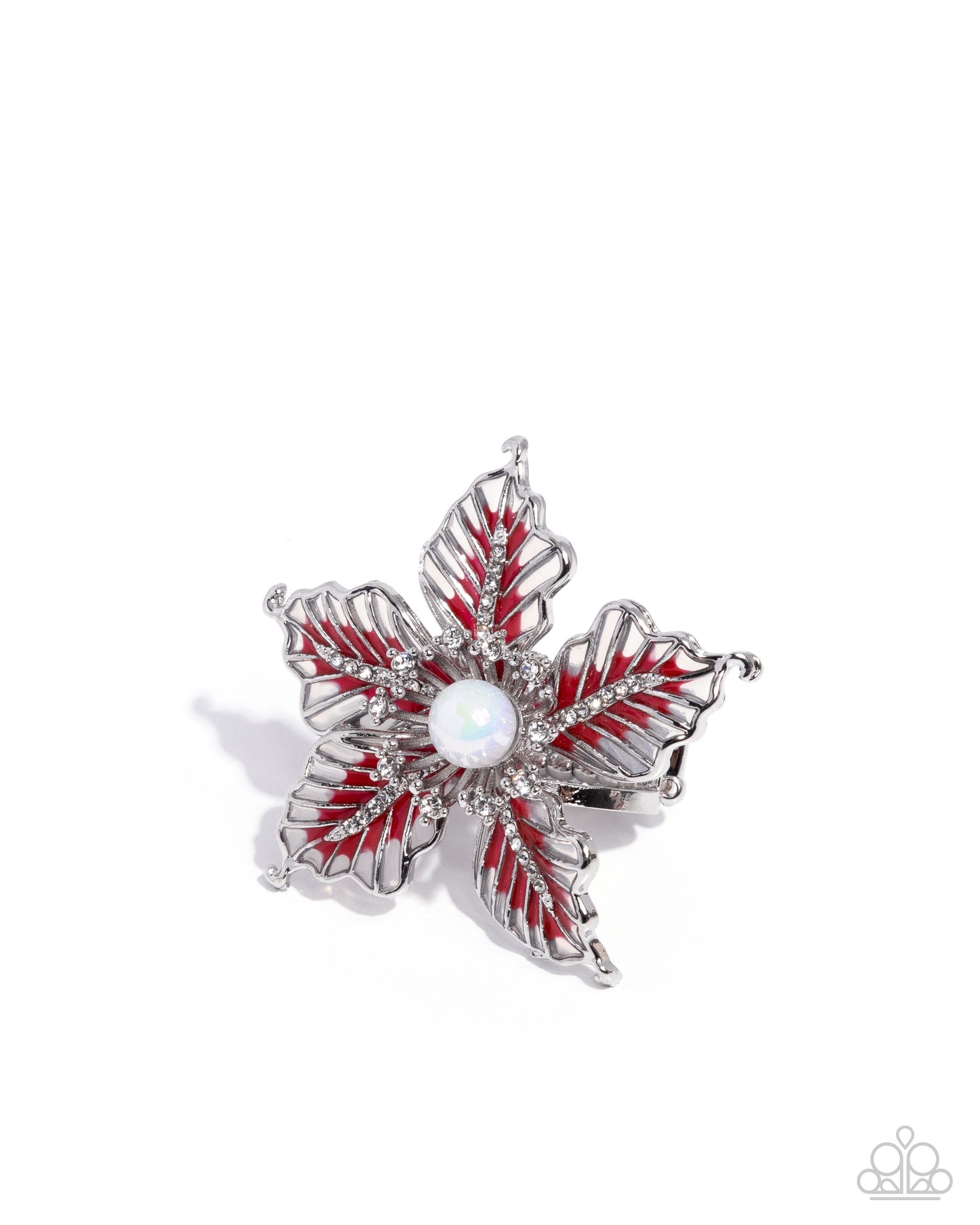 Paparazzi FLORAL Family - Red Vibrant Painted Glittery White Rhinestone Silver Ring