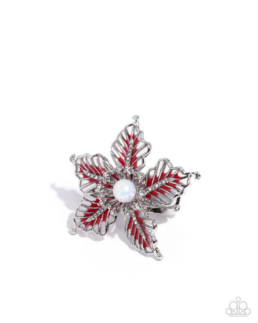 Paparazzi FLORAL Family - Red Vibrant Painted Glittery White Rhinestone Silver Ring