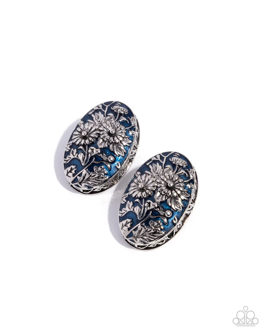 Paparazzi Portrait of Perfection - Blue Oval Silver Floral Sunflower Pattern Post Earrings E3249