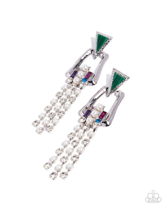 Ravishing Reputation - Green Striped Stone White Pearl & Rhinestone Earring Paparazzi 2025 Convention Exclusive E3060