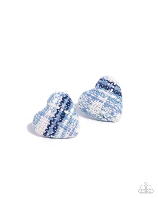 Sweetheart Stitching - Blue Tweed Heart Post Earrings Paparazzi 2025 Convention Exclusive E3005