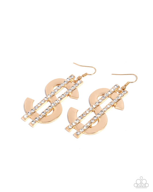 Paparazzi Magnate Moment - Gold & White Rhinestone Dollar Sign Earring