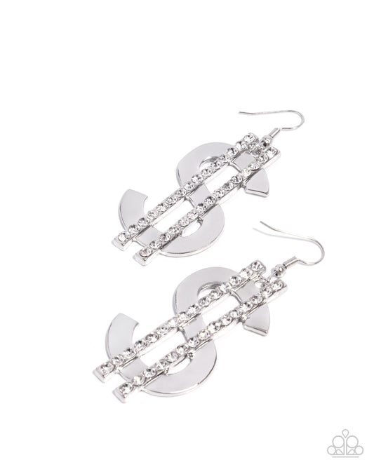 Paparazzi Magnate Moment - White Rhinestone Dollar Sign Silver Earring
