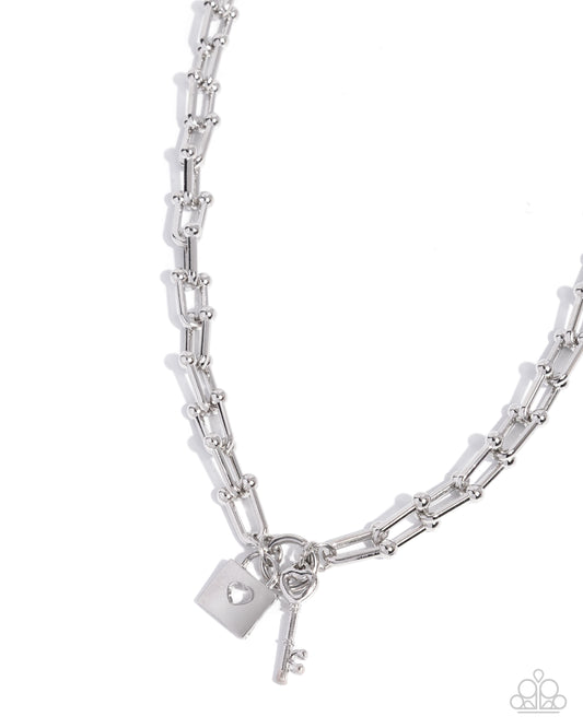 Paparazzi Pep LOCK - Silver Ball Tipped Bar Chain, Lock & Key Necklace N3801