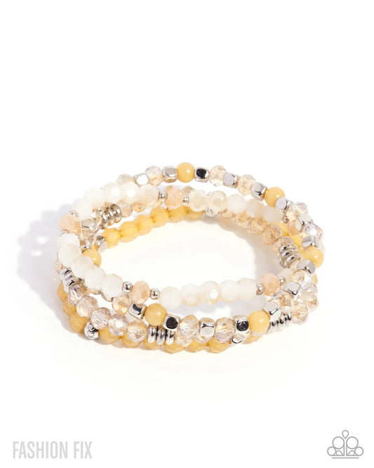 Colorful Commute - Multi Yellow White Silver Bead Stretch Set Of 4 Bracelet Sunset Sightings August 2025 Fashion Fix Paparazzi B2432