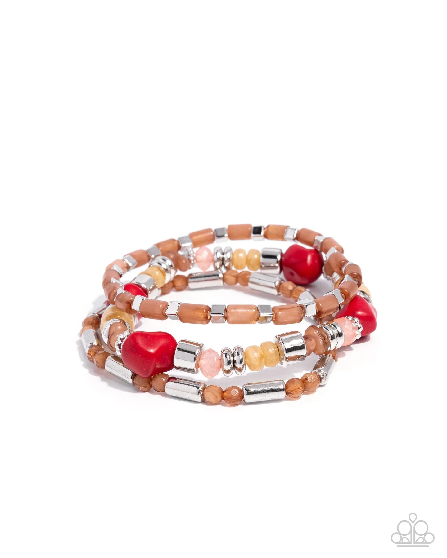 Paparazzi Canyon Caution - Red Stone, Brown, Silver Bead Stretch Set Of Three Bracelets B2657
