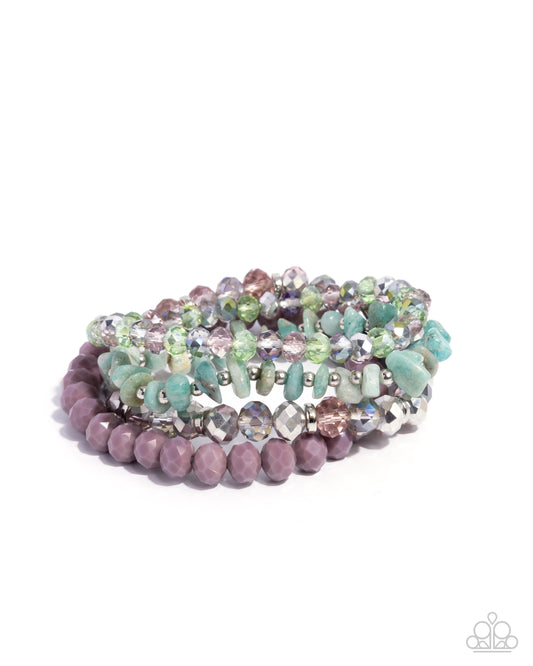 Paparazzi Secure Stones - Purple Bead, Green Stone & Purple UV Shimmery Bead Set Of 4 Stretch Bracelets