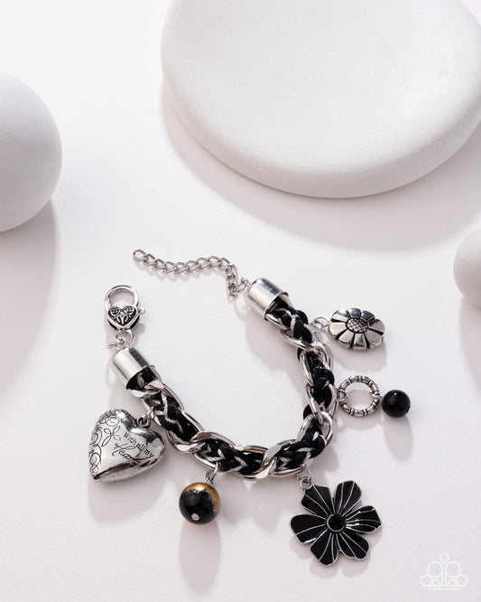 Equally Enchanted - Black Cord Silver Heart Charm Bracelet - Blockbuster 2025 Exclusive - Paparazzi B2436