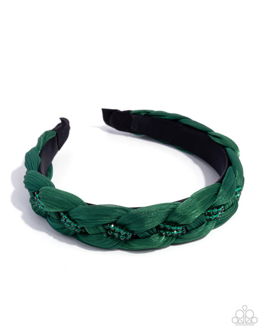 Paparazzi Beaded Boarding School - Green Emerald Beaded Braided Ribbon Headband H0233