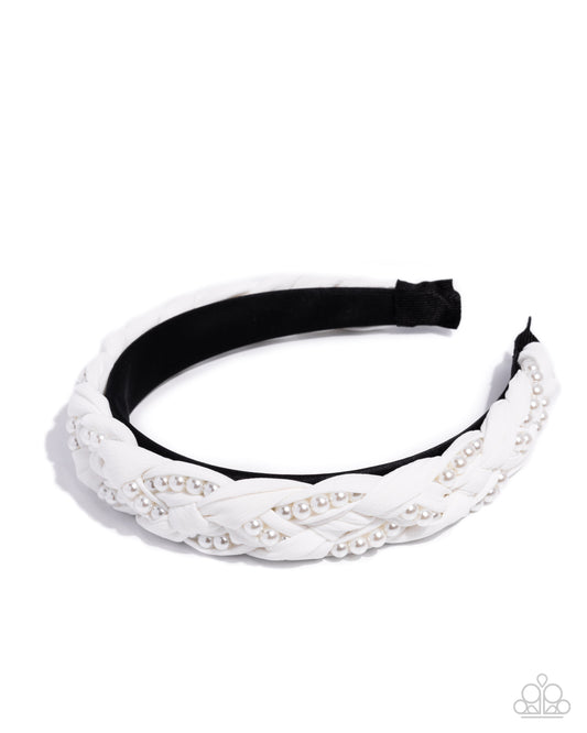 Paparazzi Elevated Effort - White Pearl & White Ribbon Headband Hair Accessory H0245