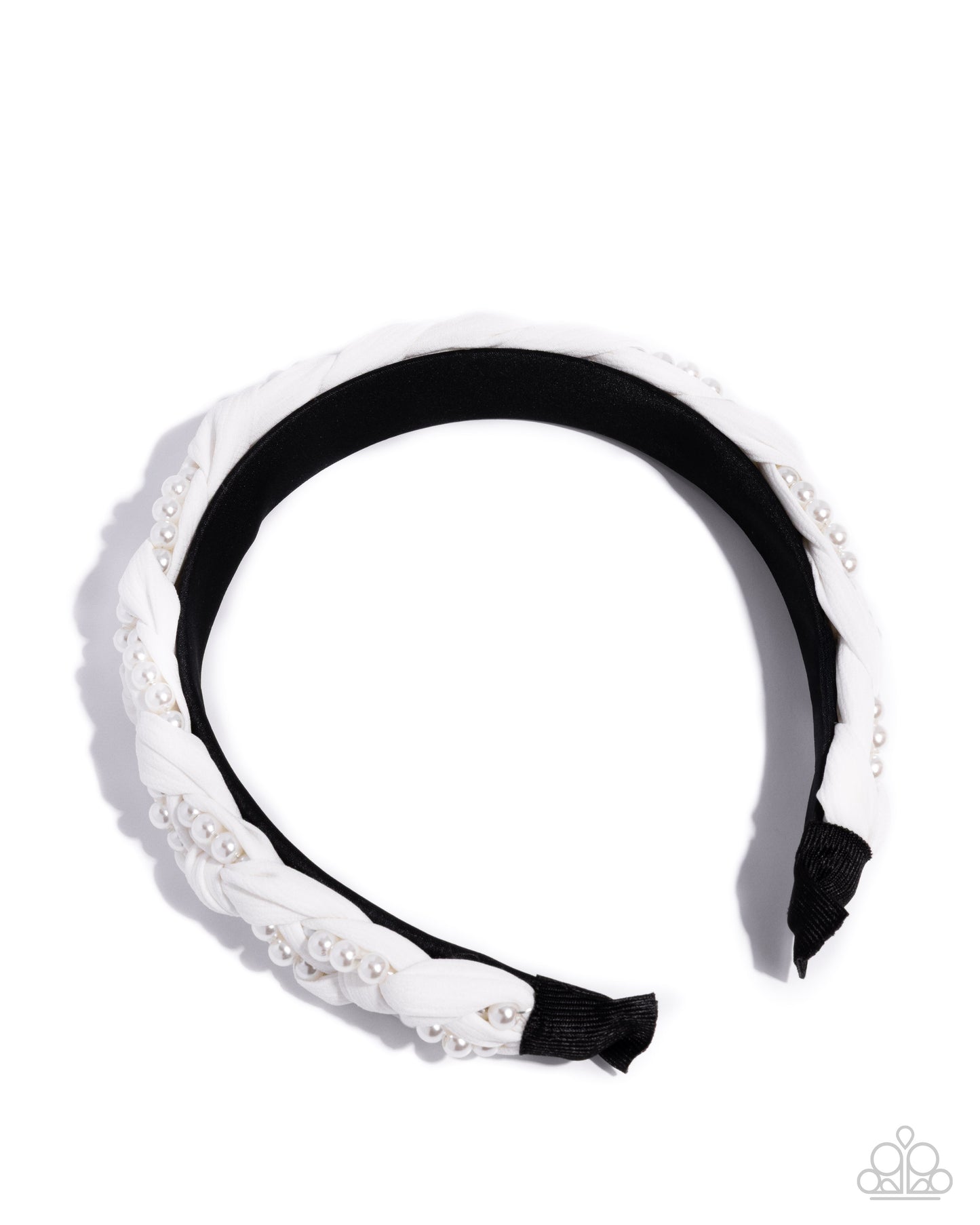 Paparazzi Elevated Effort - White Pearl & White Ribbon Headband Hair Accessory H0245