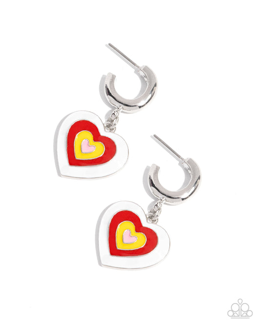 Loveable Leisure - White, Red, Yellow, PInk Layered Painted Heart 1/2 Inch Hoop Earring Paparazzi E3024