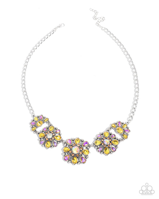 Paparazzi Woodland Waltz - Yellow Iridescent, Orange UV Shimmer & Light Topaz Gem Flower Necklace N2789