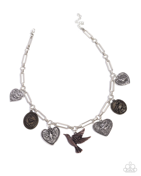 Sparrow Social - Multi Silver, Brass, Copper Heart & Bird Pendant Necklace Paparazzi 2025 Convention Exclusive N3517