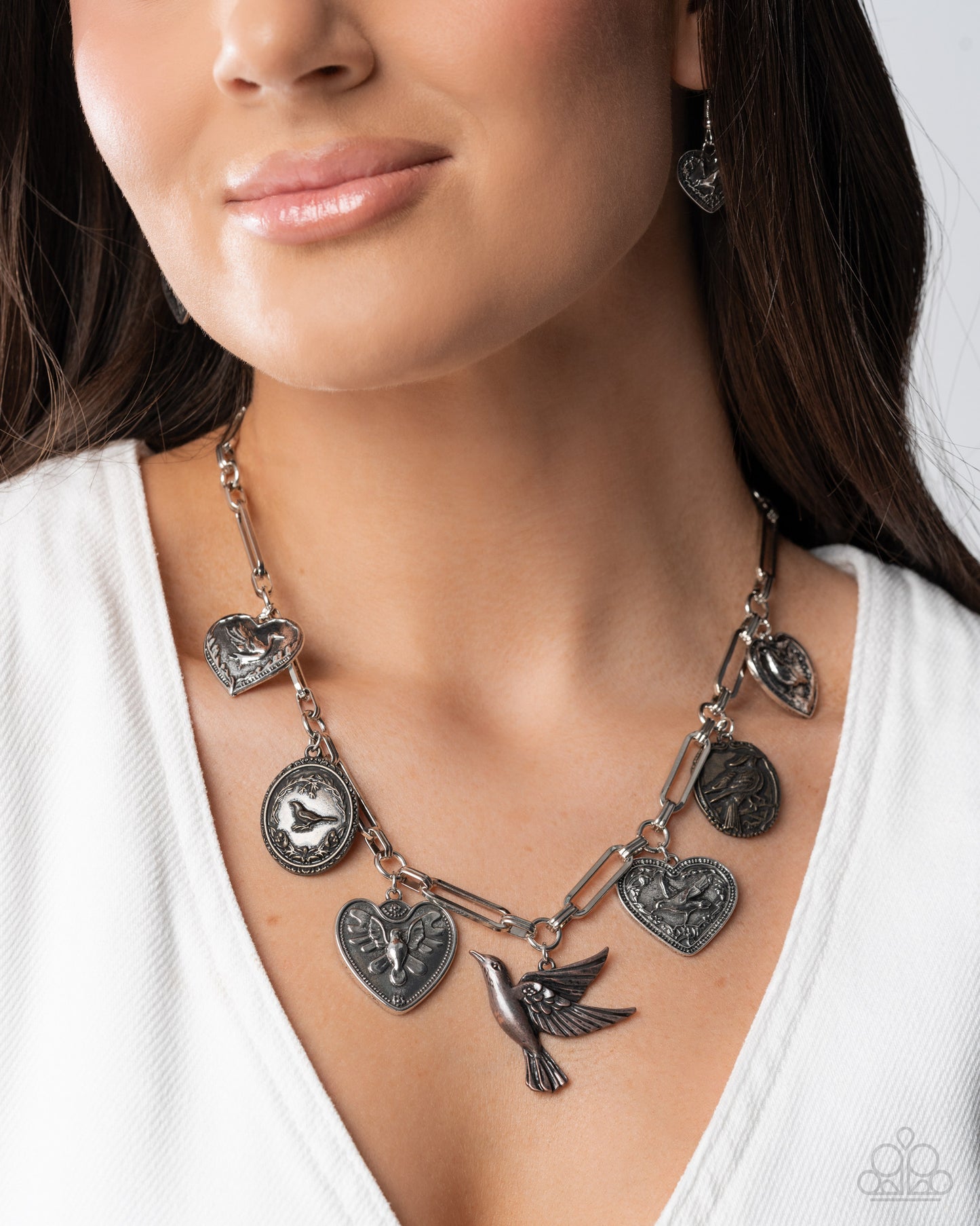Sparrow Social - Multi Silver, Brass, Copper Heart & Bird Pendant Necklace Paparazzi 2025 Convention Exclusive N3517
