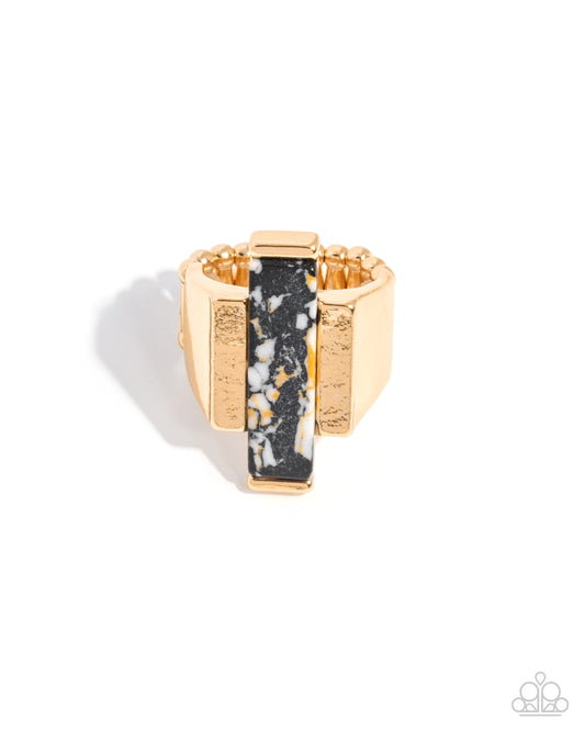 Paparazzi Stony Showcase - Black, Yellow & White Stone & Gold Band Santa Fe Style Ring R1200