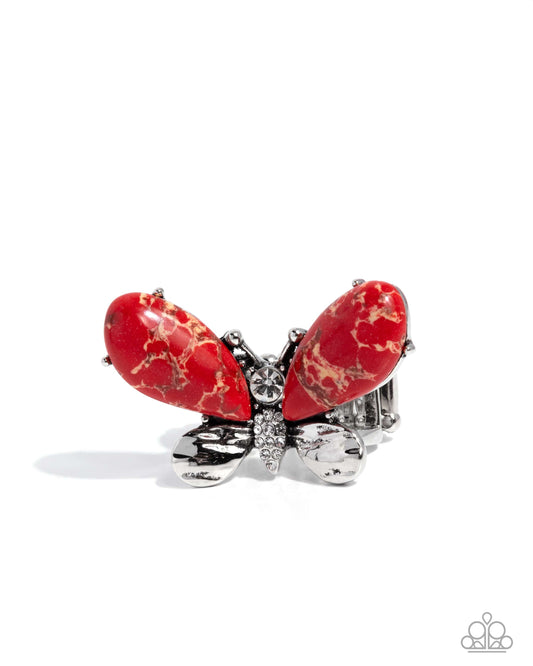 Fluttering Fantasia - Red Marbled Stone & Silver Butterfly Ring Paparazzi R1203
