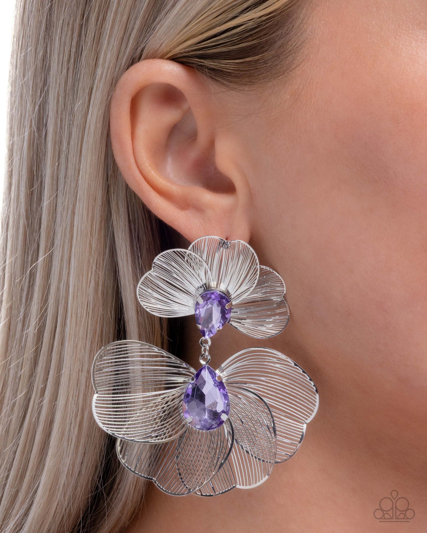 Wiry Wisdom - Purple Teardrop Gem Wiry Flower Post Earring E3056