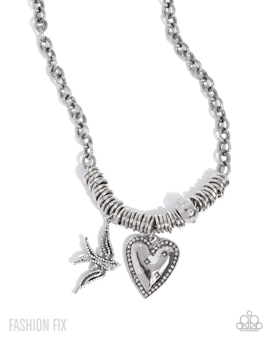 Free-Spirited Freeway - White Rhinestone Silver Heart Padlock, Sparrow Charm Style Necklace Sunset Sightings Fashion Fix August 2025 Paparazzi N3607