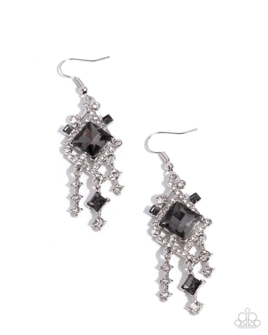 Paparazzi Square Sashay - Silver Bars, White Rhinestones & Smoky Gem Earring