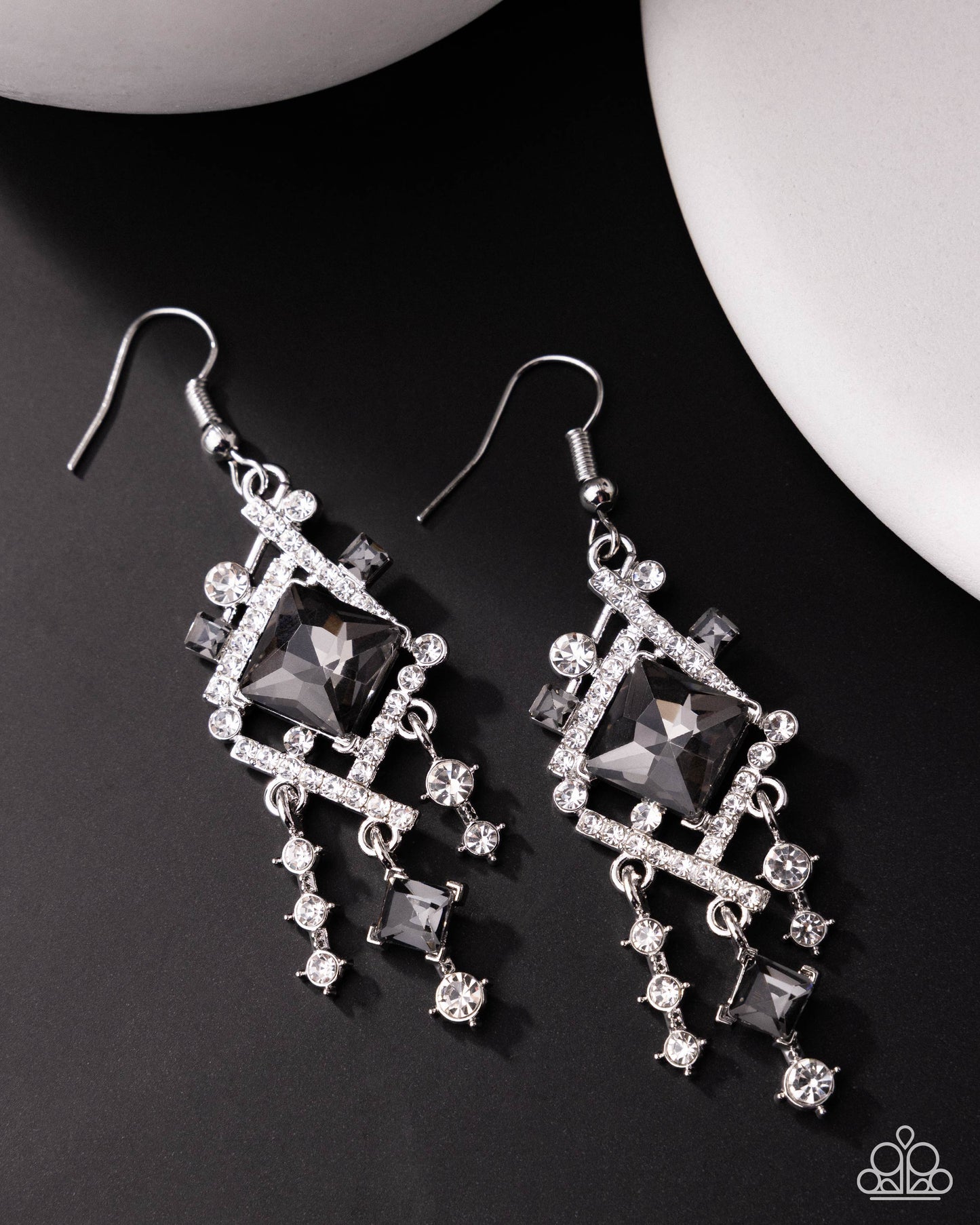 Paparazzi Square Sashay - Silver Bars, White Rhinestones & Smoky Gem Earring
