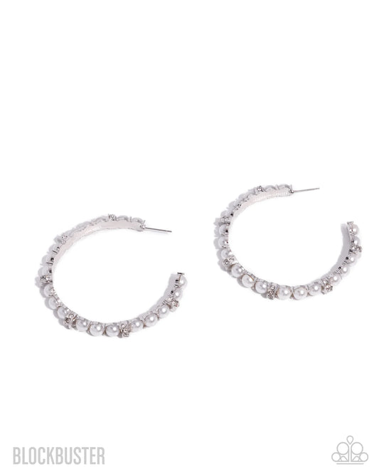 Classical Ballet - White Pearl Rhinestone Silver Hoop Earrings - Blockbuster 2025 Exclusive - Paparazzi E3126