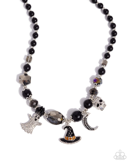 Frightening Facets - Multi Black & Silver Bead Witches Hat, Ghost, Skull, Moon Halloween Charm Necklace Paparazzi N3635
