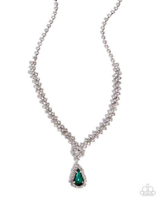 Paparazzi Teardrop Trimming - Green Emerald Teardrop White Rhinestone Necklace