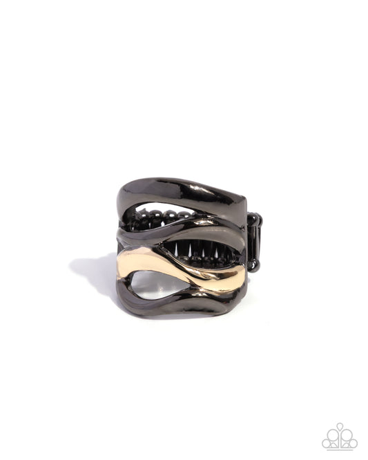Paparazzi Wavy Wardrobe - Black Gunmetal & Gold Stacked Style Ring R1159