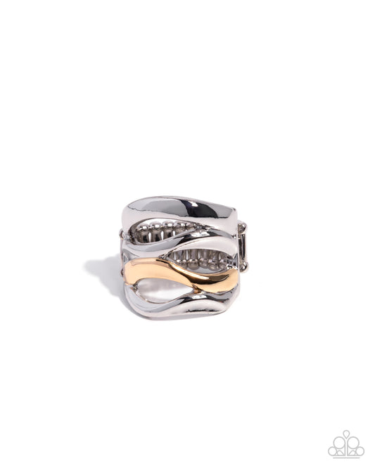 Paparazzi Wavy Wardrobe - Silver Rippling & Gold Bands Asymmetrically Stacked Ring R1137