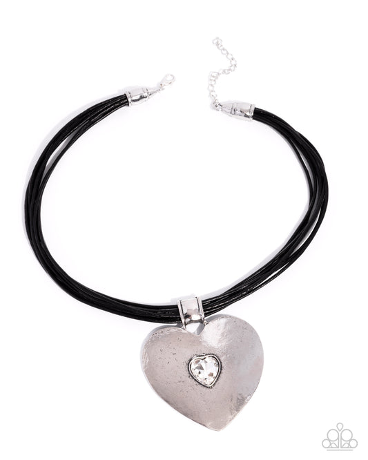 Paparazzi Galentines Day - Black Cording, White Gem & Silver Oversized Heart Necklace