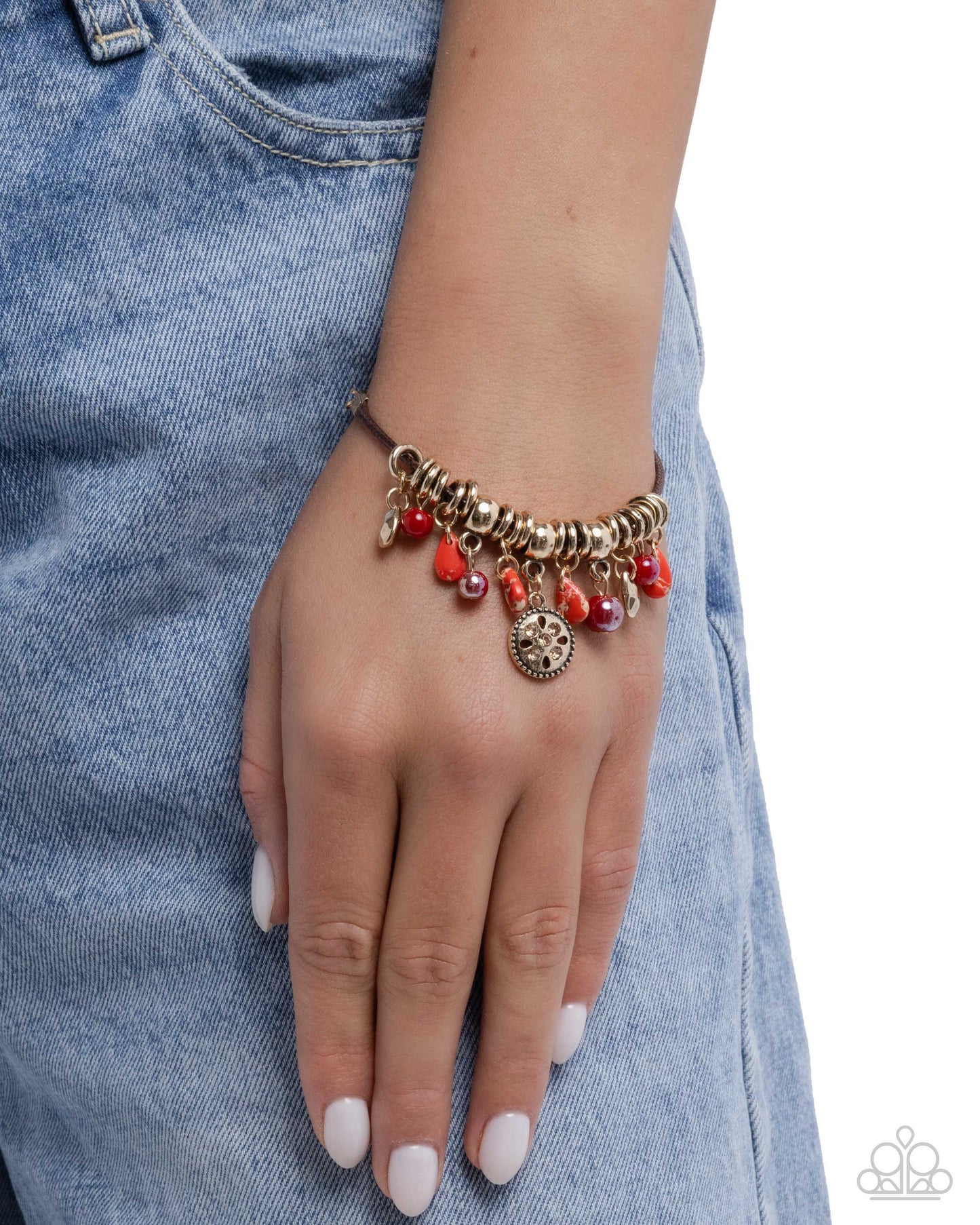 Tremolo Tapestry - Red Teardrop, Deep Red Bead & Smoked Topaz Rhinestone Gold Bracelet Paparazzi