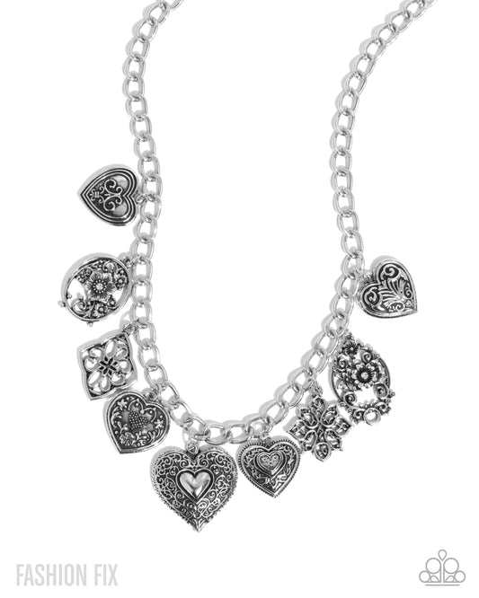 Vintage Showdown - Silver Heart Charm Necklace Glimpses Of Malibu August 2025 Fashion Fix Paparazzi N3634