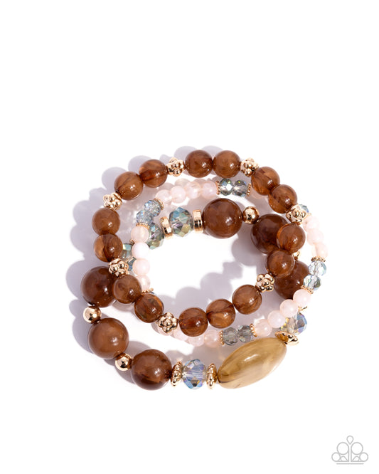 Cheerful Collection - Brown Variegated, UV Shimmery Beads & Gold Accent Set Of 3 Stretch Bracelets Paparazzi B2451