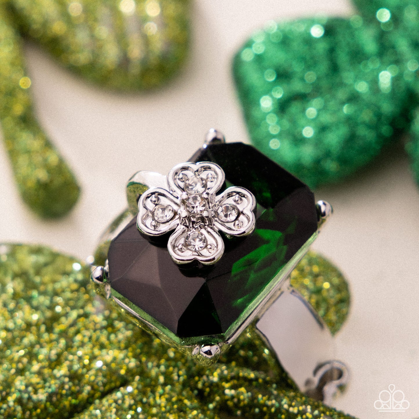Paparazzi St. Patrick's Shimmer - Green Emerald Gem & Silver Four Leaf Clover St Patrick's Day Ring R1361